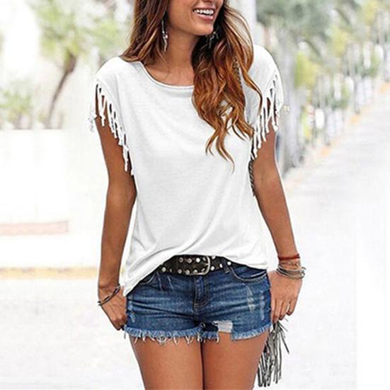 Летняя женская повседневная однотонная свободная футболка с круглым вырезом и коротким рукавом с кисточками, топ
