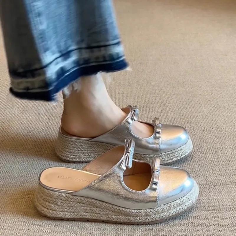 Женская обувь 2025 Закрытый носок Женские тапочки Новые Уличные Повседневные С бантом-бабочкой Бестселлер Удобные Тапочки на танкетке