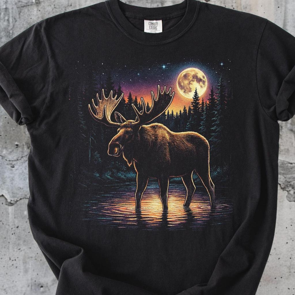 Retro Moose T-Shirt, Vintage 90s Wildlife Tee, Celestial Moon Forest, Unisex Graphic Top