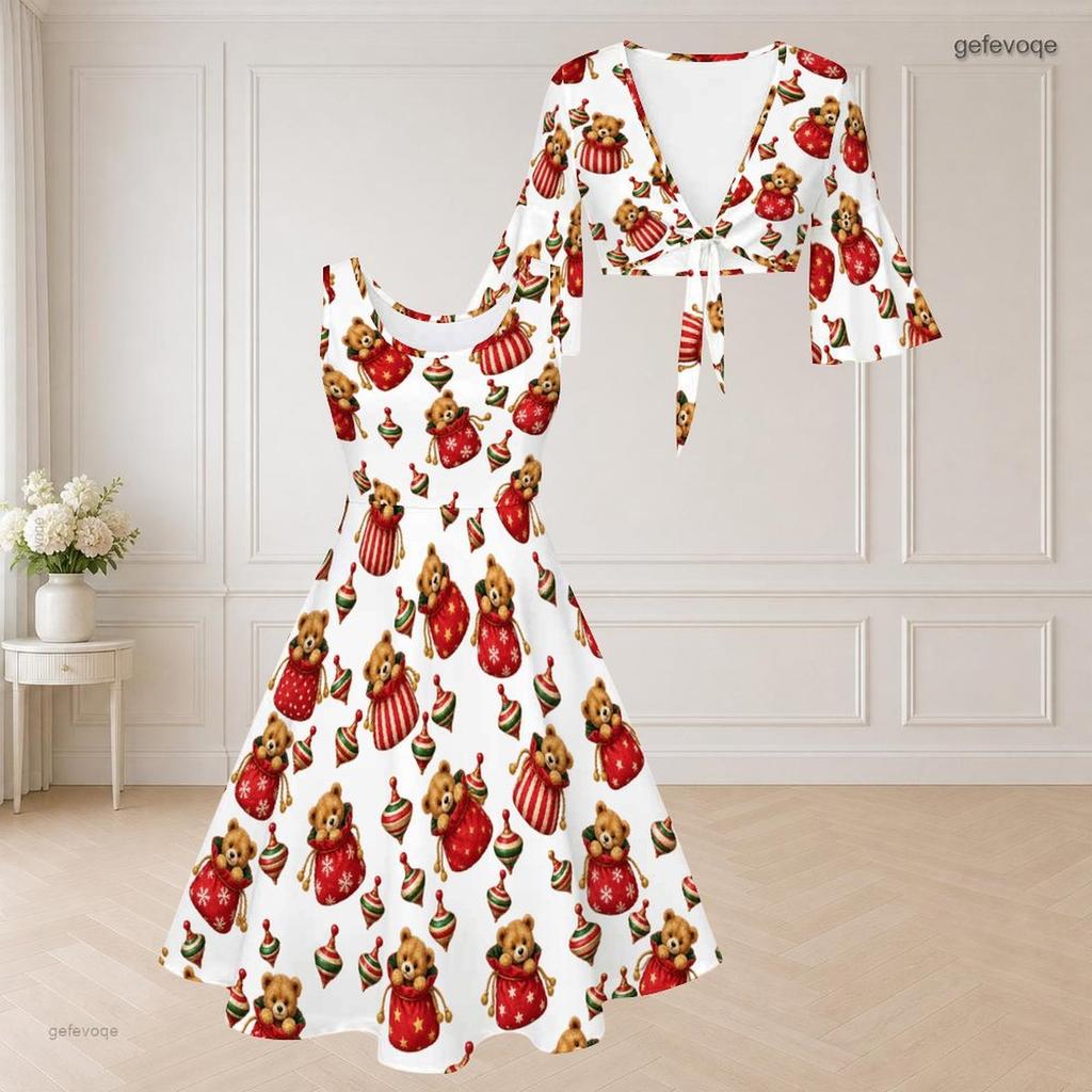 Women Plus Size White Christmas Penguin Print V Neck Sleeveless Half Sleeve Two Piece Dress Set