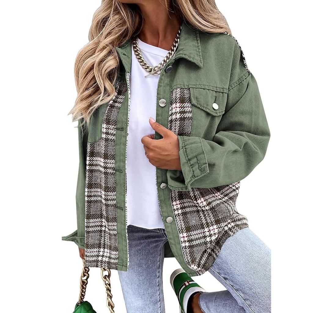 Женская куртка Джинсовая куртка с длинным рукавом в клетку Рубашка на пуговицах Куртка Топ