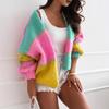 Women's Knitted Cardigan Sweater Autumn Winter Versatile V-neck Rainbow Color Matching Knitted Long-sleeve Sweaters Jacket Women