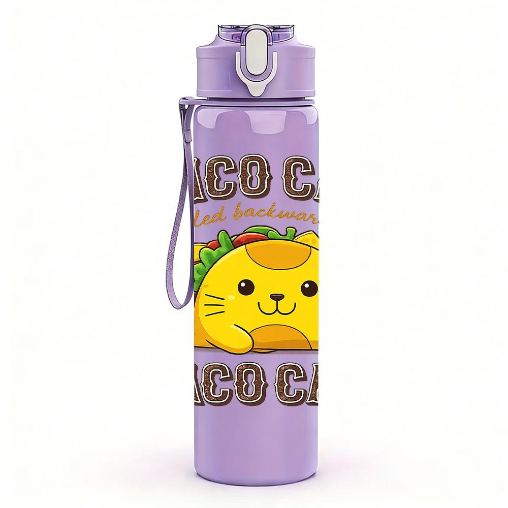 1PC Taco Cat Funny Food Slogan Print 750ml Color Plastic Sports Water Bottle Leakproof Flip Straw Lid Suitable for Sports Office Home Use