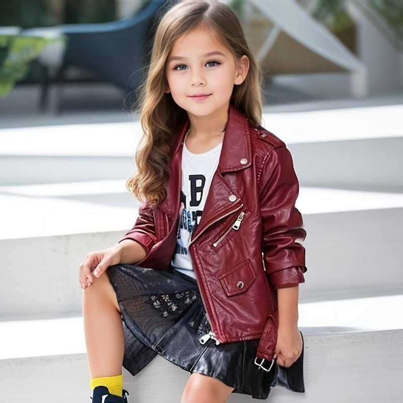 Детская куртка из искусственной кожи весна-осень для девочек, байкерская верхняя одежда, однотонное пальто на молнии с поясом