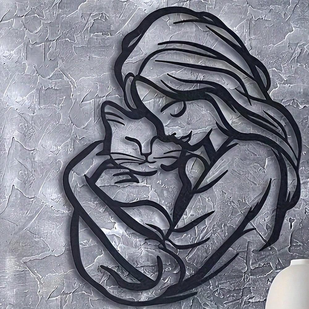 Кошка обнимает женщину Металлическое настенное искусство Минималистичное металлическое настенное искусство - современный домашний декор для спальни, гостиной или ванной комнаты. Водонепроницаемый