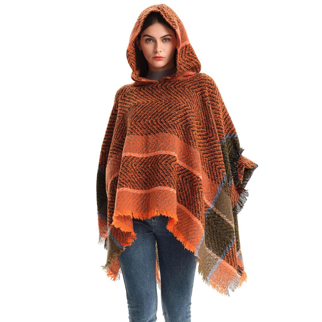 European & American Herringbone Women's Hooded Poncho Pullover (Spring, Autumn, Winter Collection)