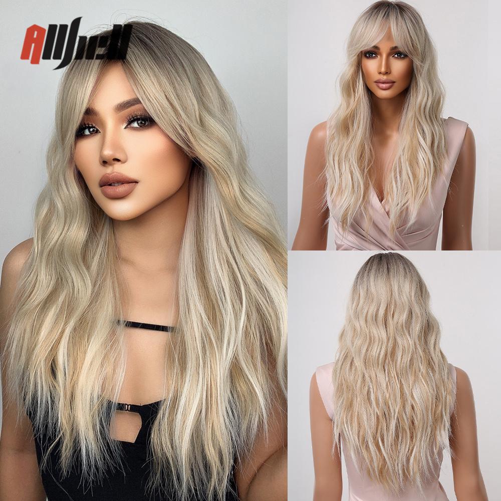 Ombre Темно-коричневые вьющиеся парики с челкой для чернокожих женщин Длинные волнистые синтетические волосы для косплея Парик Термостойкое волокно Афро-повседневный парик