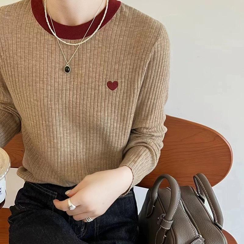 Heart Embroidery Wool Knitwear: Women's European Early Autumn Sweater Base Layer