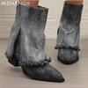 Модные ковбойские женские высокие сапоги с острым носком, зимние дизайнерские туфли на толстой подошве до середины голени, женские зимние сапоги 2024 года, готические женские ботинки