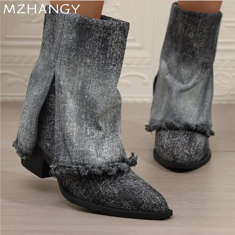Модные ковбойские женские высокие сапоги с острым носком, зимние дизайнерские туфли на толстой подошве до середины голени, женские зимние сапоги 2024 года, готические женские ботинки