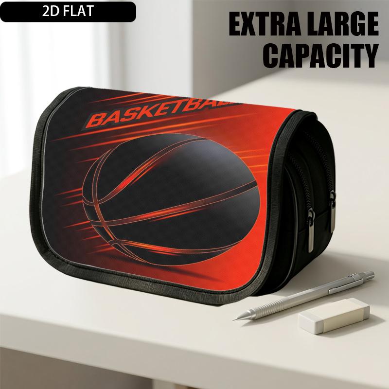 1pc Double Layer Flip Pencil Case, Black Basketball Red Streaks, Large Capacity, Portable Polyester Pen Storage Bag with Zipper Closure, Ideal for Sch