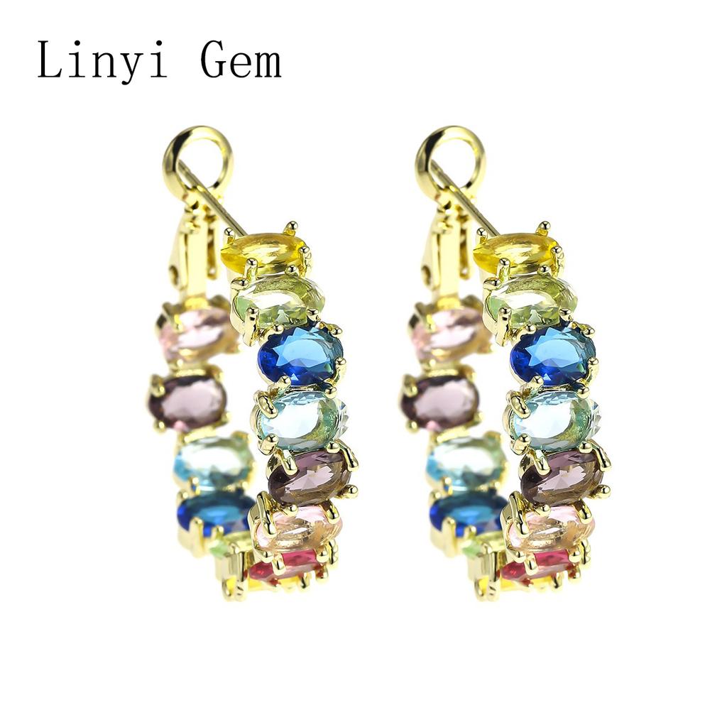 Gold Plated Rainbow Multi‑color Cubic Zirconia Hoop Earrings Oval Zircon Inlaid C‑Shaped Earrings Party Women Fashion Jewelry