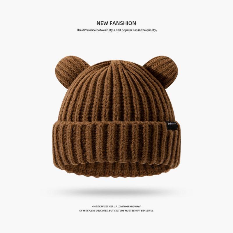 Cute Bear Wool Hat Women's Winter Thickened Plush Warm Plush Bald Hat Autumn and Winter Big Head Circumference Knitted Hat