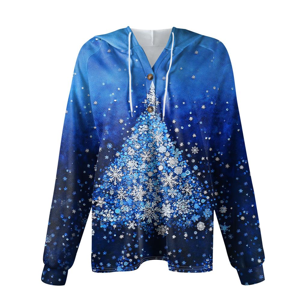 Женская мода с длинным рукавом, завязками на шнурке, капюшоном, пуговицами, V-образным вырезом, повседневная толстовка с капюшоном и рождественским принтом