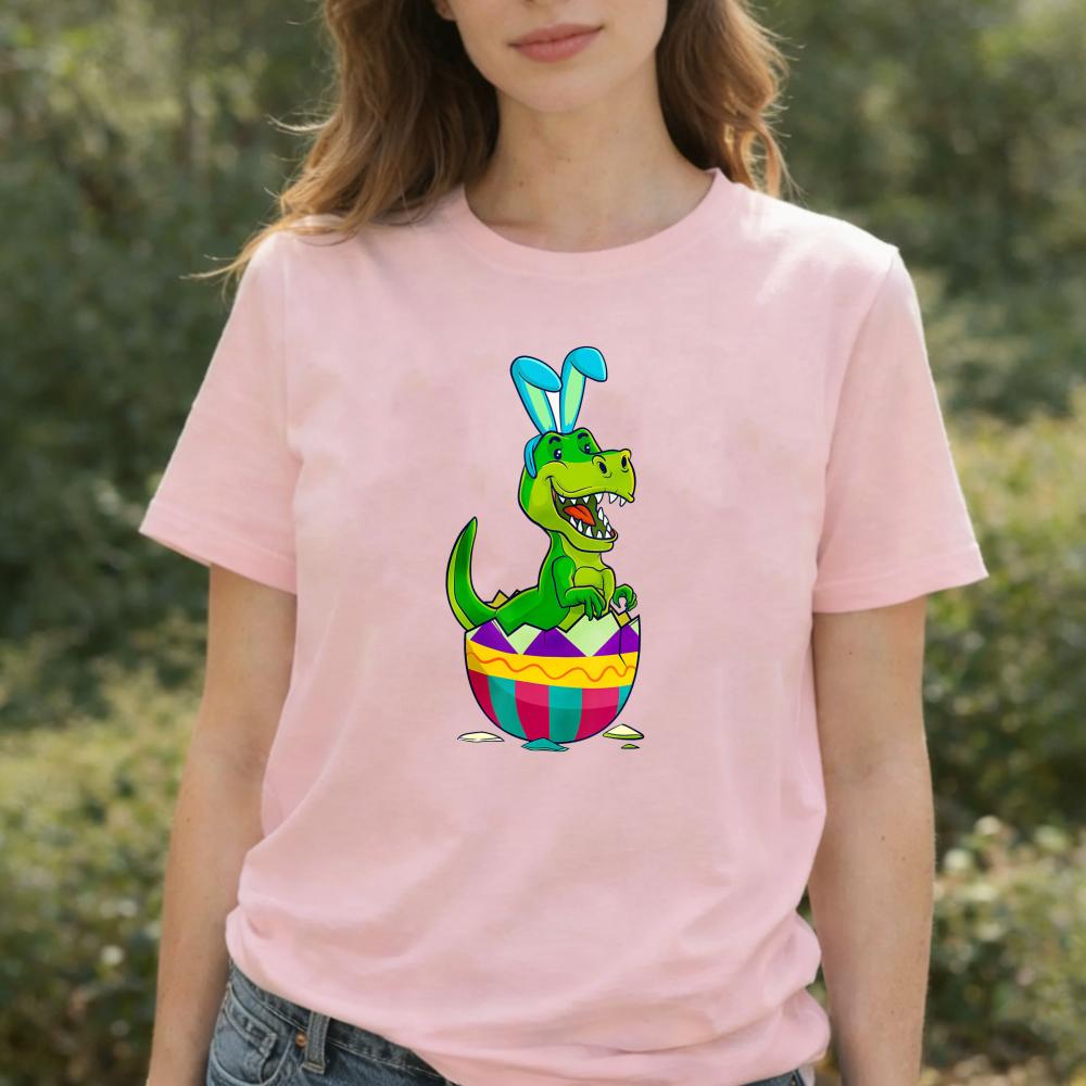 Pastel Easter Trex Bunny Tshirt Cartoon Dinosaur Hatching From Colorful Egg Cotton Casual Streetwear For Spring Celebrations