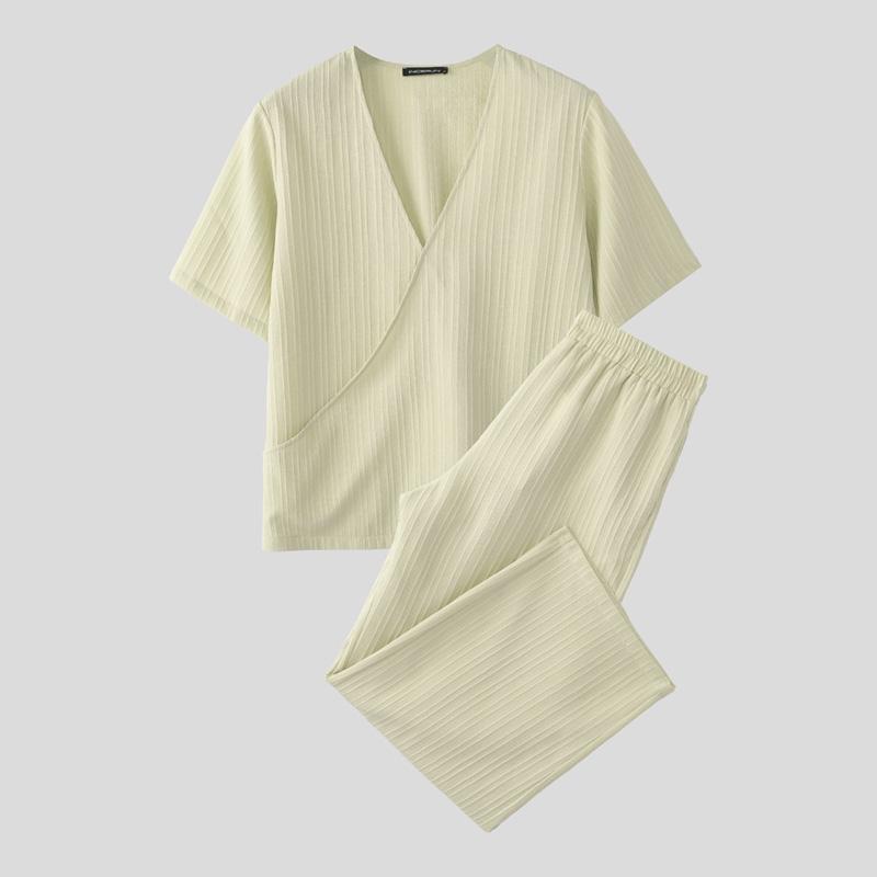 INCERUN Мужские комплекты из двух предметов: рубашка с коротким рукавом и текстурой, с V-образным вырезом, и длинные прямые брюки