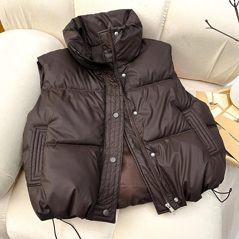 Women Warm Casual Solid Sleeveless Vest Coat Mock Neck Thicken Jacket Buttons Up Loose Women Down Jacket Autumn Winter