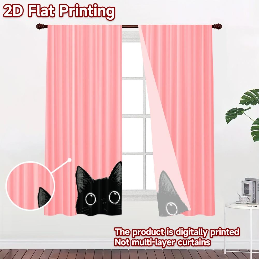 2D плоская печать 2 шт. Оконные шторы Черная кошка заглядывает Милые Цифровой принт Полиэстеровые шторы Праздничный декор стен для фотозон