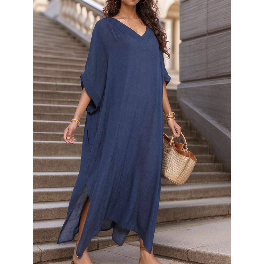 Solid Color Split Cover Up Dress, V Neck Loose Fit Half Sleeves Beach Kaftan, Women's Swimwear & Clothing