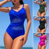 Women Monokini Deep V-Neck Sleeveless Slim Fit One-piece Bikini Solid Color Mesh Splicing Tummy Control Swimwear