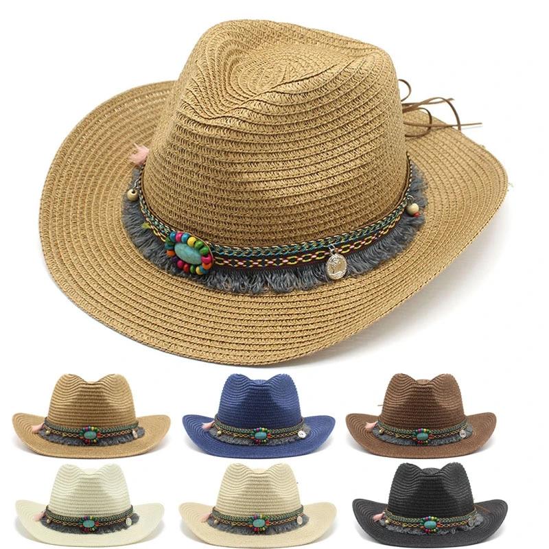 Summer Women's Men's Sun Hat Western Cowboy Gentleman Jazz Sunscreen Handmade Straw Hats
