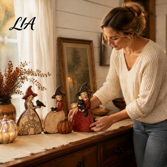 Wooden Witch Ornaments for Home Halloween Ornaments, Distressed Figurines, Retro Tabletop Unique Accents Decoration with Pumpkin Designs Mantel Party