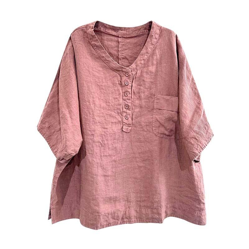 Летняя тонкая футболка с V-образным вырезом и короткими рукавами, женская однотонная ретро-футболка, универсальная, повседневная, свободная, хлопковая, льняная, пуловер, топ