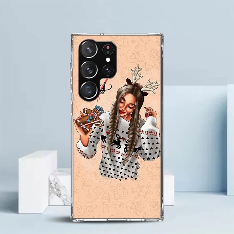 Рождественский Арт Девушки Кофе Чехол для Телефона Для Samsung Galaxy S24 S25 Edge S26 Ultra S22 S23 Plus S21 + S20 FE Мягкий ТПУ Задняя Крышка Ga