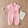 Girls' Pink Denim Short-Sleeve Jumpsuit with Turn-Down Collar