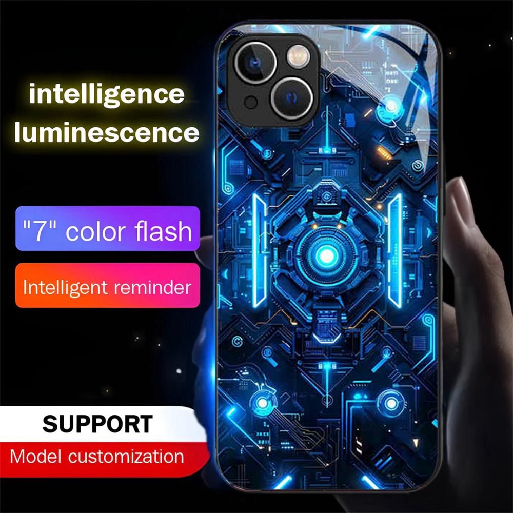Luxury Blue Chip Pattern Luminous Glass LED Call Light Up Flash Phone Case Cover For iPhone Air 17 16 E 15 14 13 12 Pro Max Plus