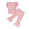 Toddler Girls Spring Outfits Fly Sleeve Solid Color Rib T-Shirts Tops Elastic Waist Flare Pants 2Pcs Clothes Set