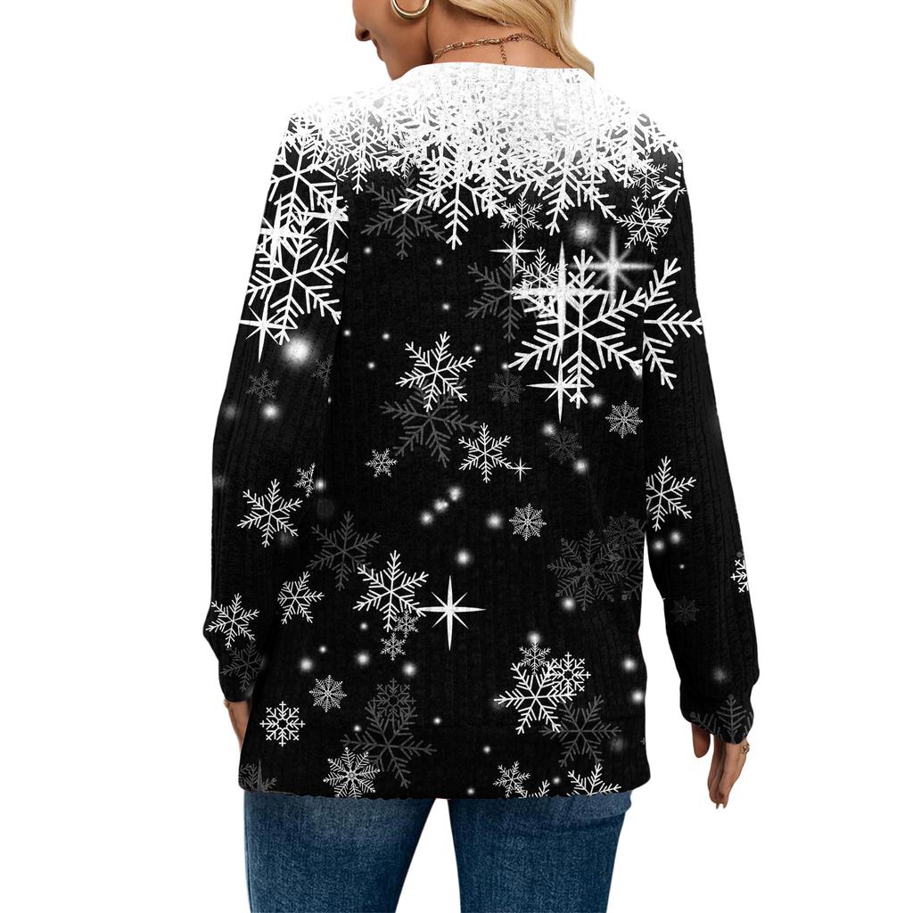 Women's Fashionable Loose-Fit V-Neck Long-Sleeved T-Shirt Christmas Print Pullover