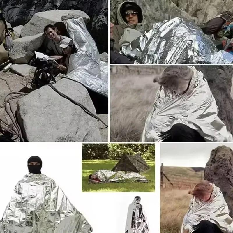 Emergency Thermal Blanket, Aluminum Foil Survival Mat for Outdoor Camping Hiking, Waterproof Windproof First Aid Rescue Gear