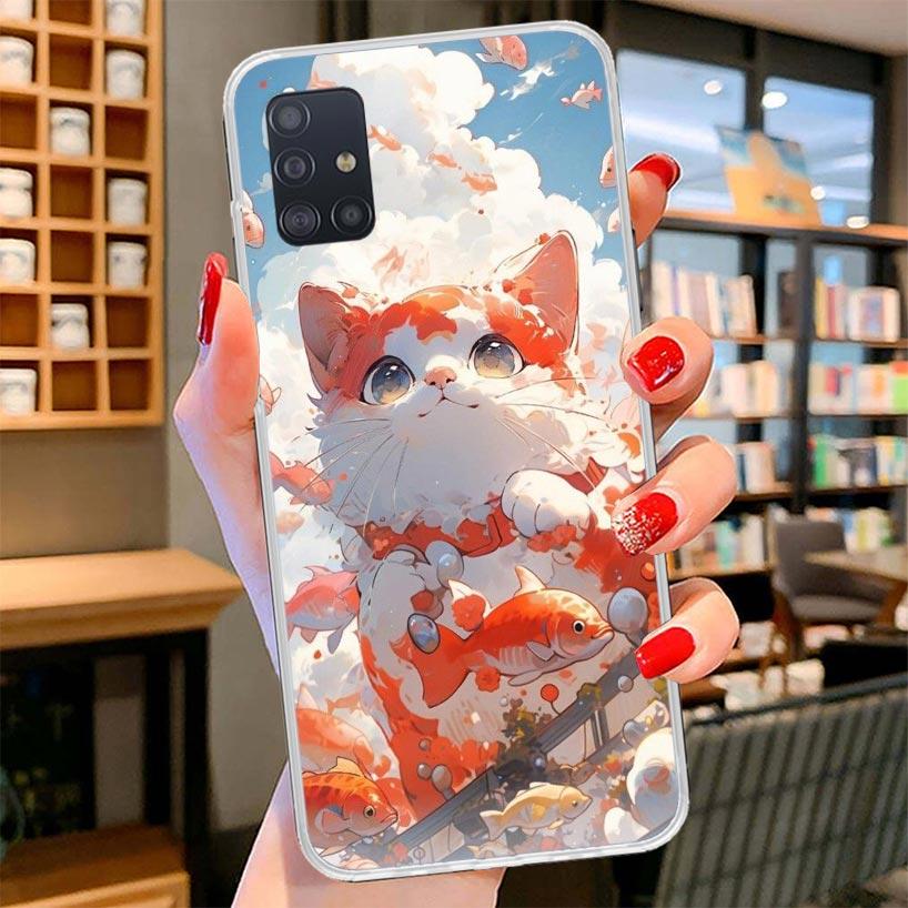 Мультяшный Милый Кот Рыба Эстетичный Чехол для Телефона Для Samsung Galaxy A12 A22 A32 A52 A72 A02S Чехол для Телефона Note 20 Ultra 10 S10 Plus