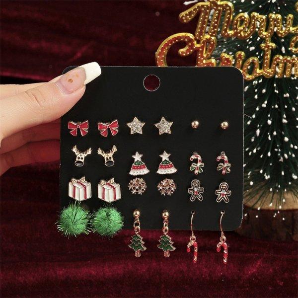 12 Pairs Christmas Enamel Santa Claus Snowflake Earrings Set for Women Zircon Christmas mas Tree Earring Party Jewelry Gift
