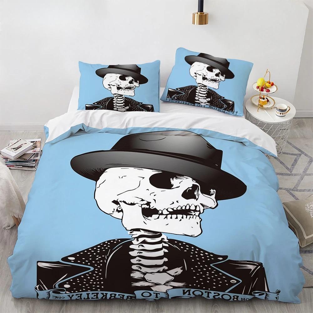 Комплект постельного белья Black Hat Skull Queen Size Хэллоуин Комплекты пододеяльников Современный стиль Спальный комплект постельного белья Чехол для одеяла Наволочки