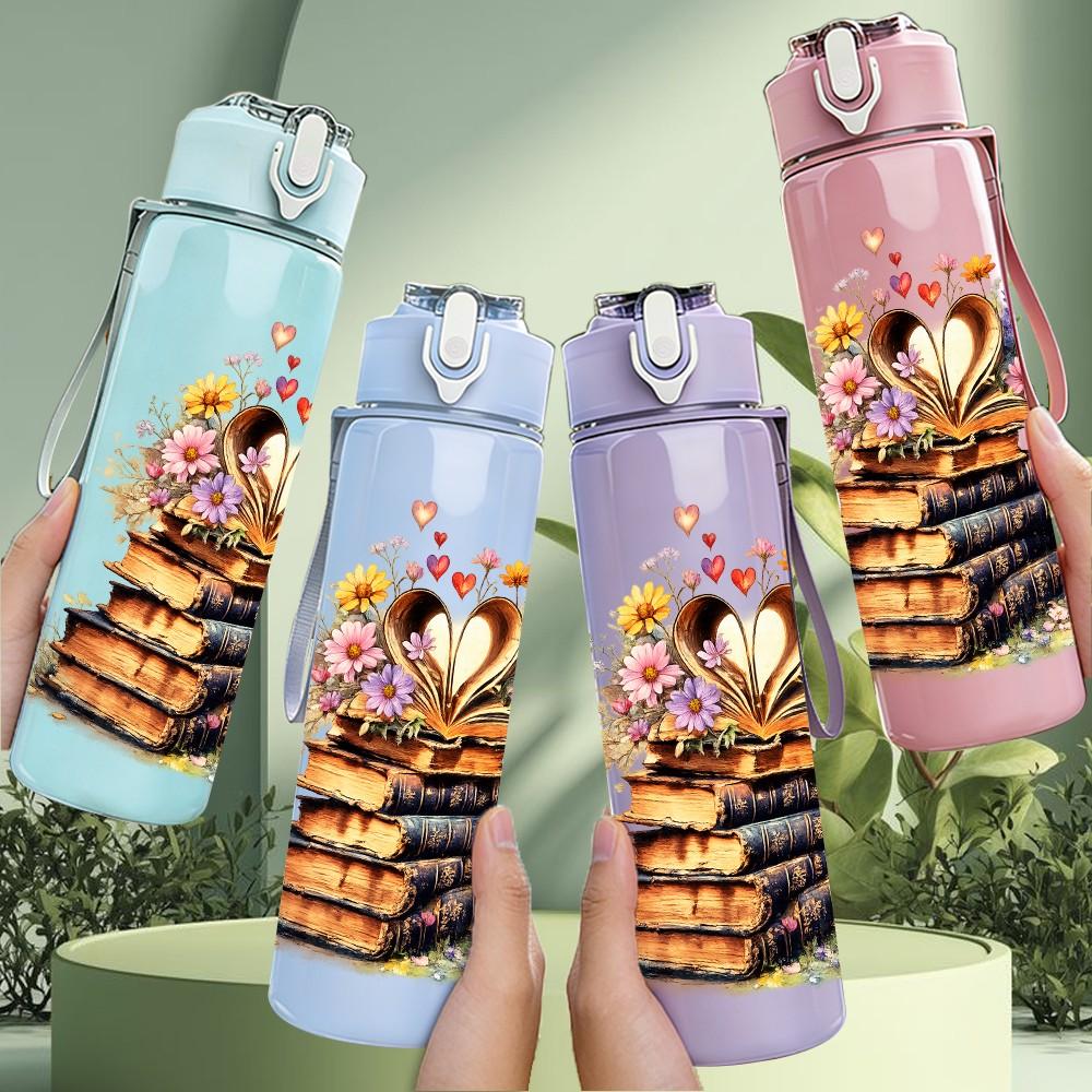 1PC Stack Book Flower Bouquet Print 750ml Color Plastic Sports Water Bottle Leakproof Flip Straw Lid Suitable for Sports Office Home Use