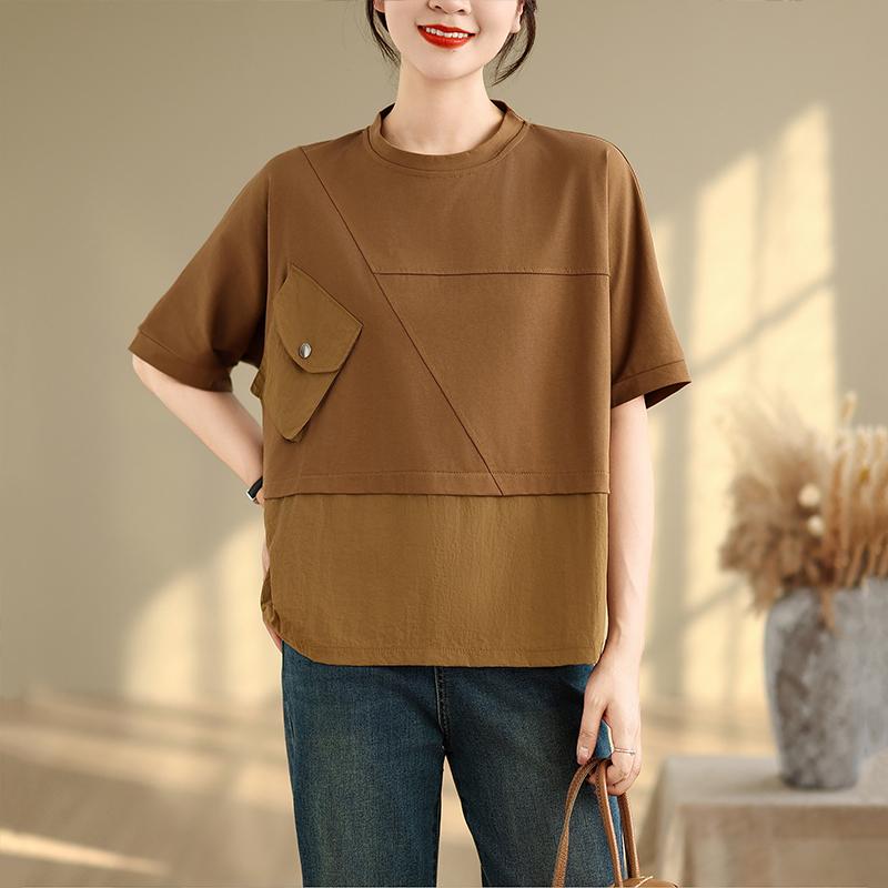 DIMANAF 2025 New Summer Plus Size T-Shirt Women Short Sleeve Solid O-Neck Vintage Loose Tops Tees Maxi