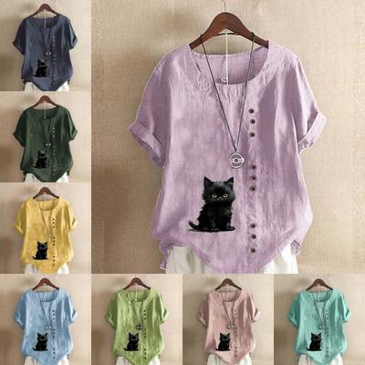 Женская модная футболка с короткими рукавами и принтом черной кошки, свободная хлопковая рубашка, повседневная свободная летняя блузка, топы больших размеров