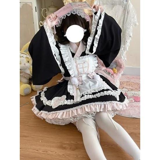 XHSUKADO Nurse Outfit 4-Piece Set One-Piece Womens Spring Summer Autumn Kimono Yukata Costume Cosplay Princess Sleeve Top Mini Skirt Apron Ribbon Maid
