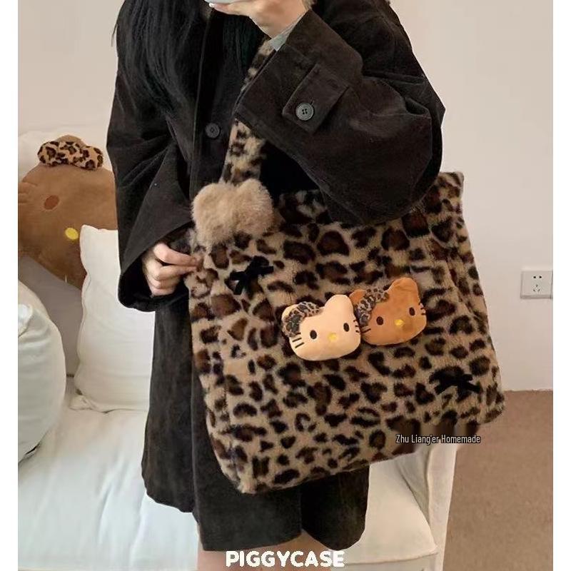 Hello Kitty Leopard Print Plush Shoulder Bag - Women's Autumn/Winter Large Capacity Style