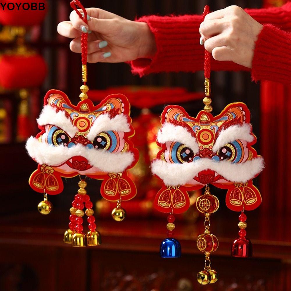 Traditional Chinese New Year Decoration Waking Lion with Bells Lunar New Year Ornament Cartoon Wall Hanging Festive Season