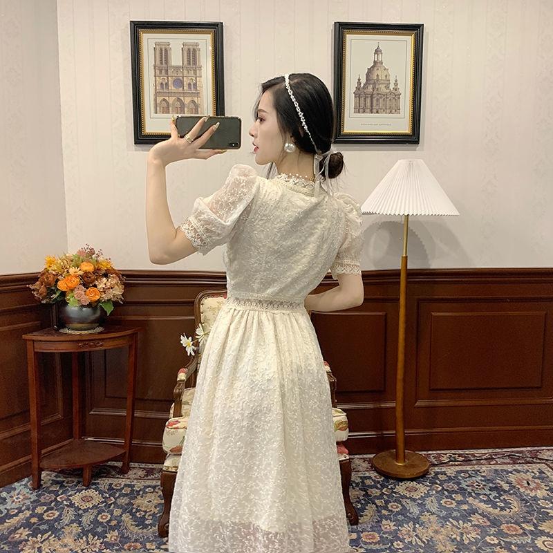 Цельное платье, корейское элегантное винтажное платье с v-образным вырезом, женское кружевное платье с пышными рукавами, вечернее платье для женщин, лето 2021, шикарное