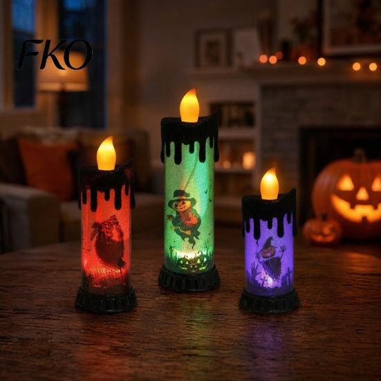 Three-color Luminous Candle Electronic Light, Fun Halloween Spooky LED Candle, 3-Color Flickering Flameless Light Realistic Flame Safe