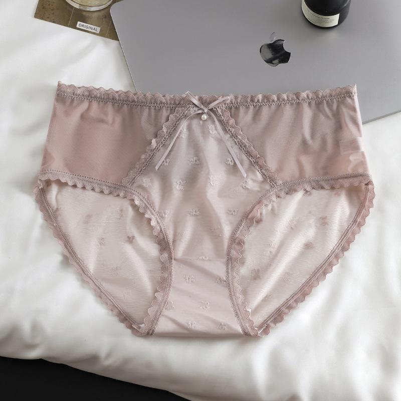 Female Spring and Summer Simple Sexy Lace Stitching Mesh 10A Grade Antibacterial Breathable Mid Waist Underwear