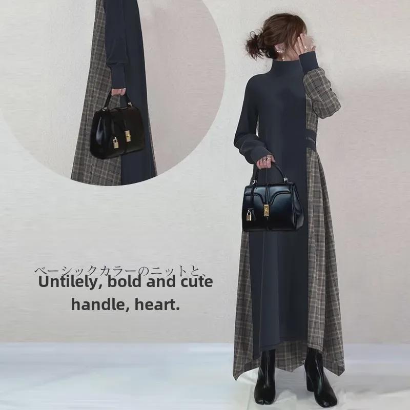 2024 Осень/Зима Японское клетчатое платье-халат с разрезом для зрелых женщин