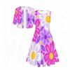 Women Plus Size Round Neck Daisy Floral Printed Two Piece Set Sleeveless Flared Dress With Short Sleeve Cropped Cardigan
