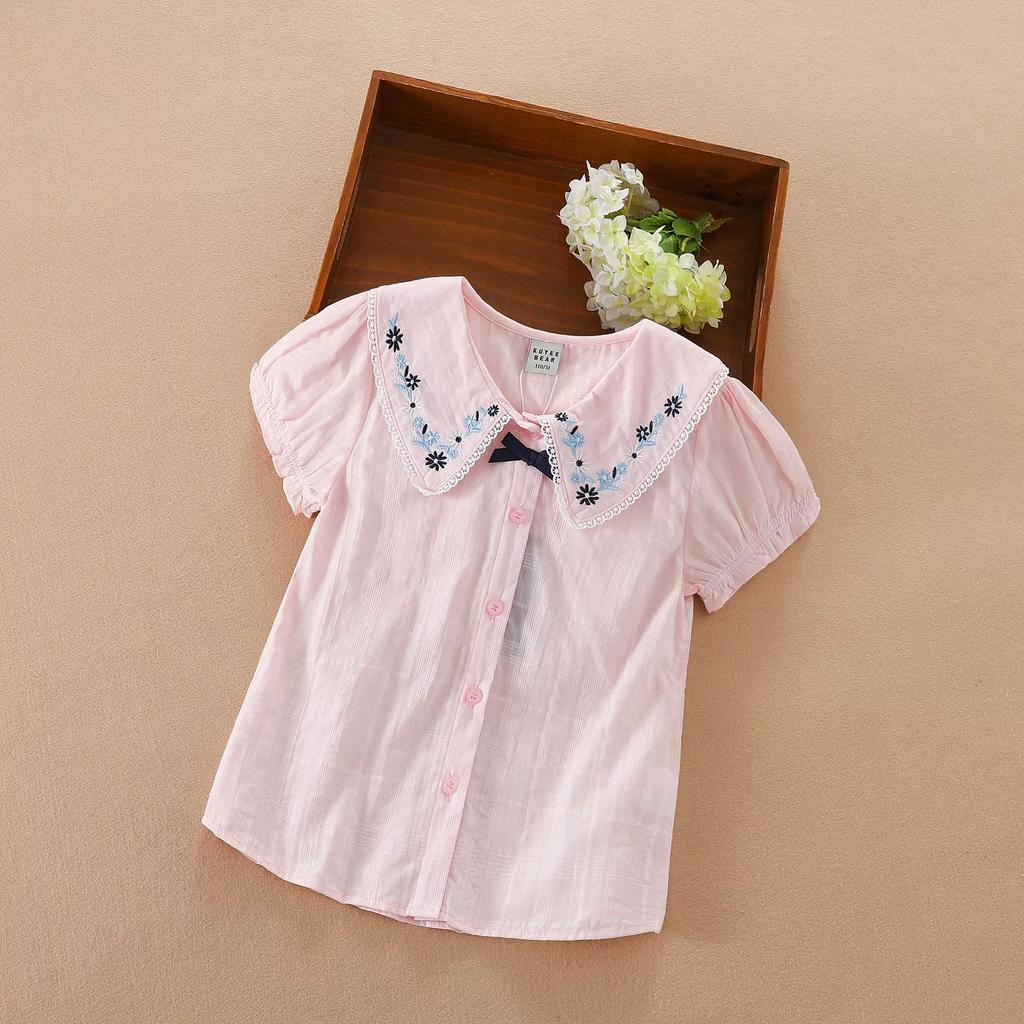 Летняя повседневная рубашка с коротким рукавом для девочек, топы для детей среднего и старшего возраста с квадратным вырезом в стиле колледжа