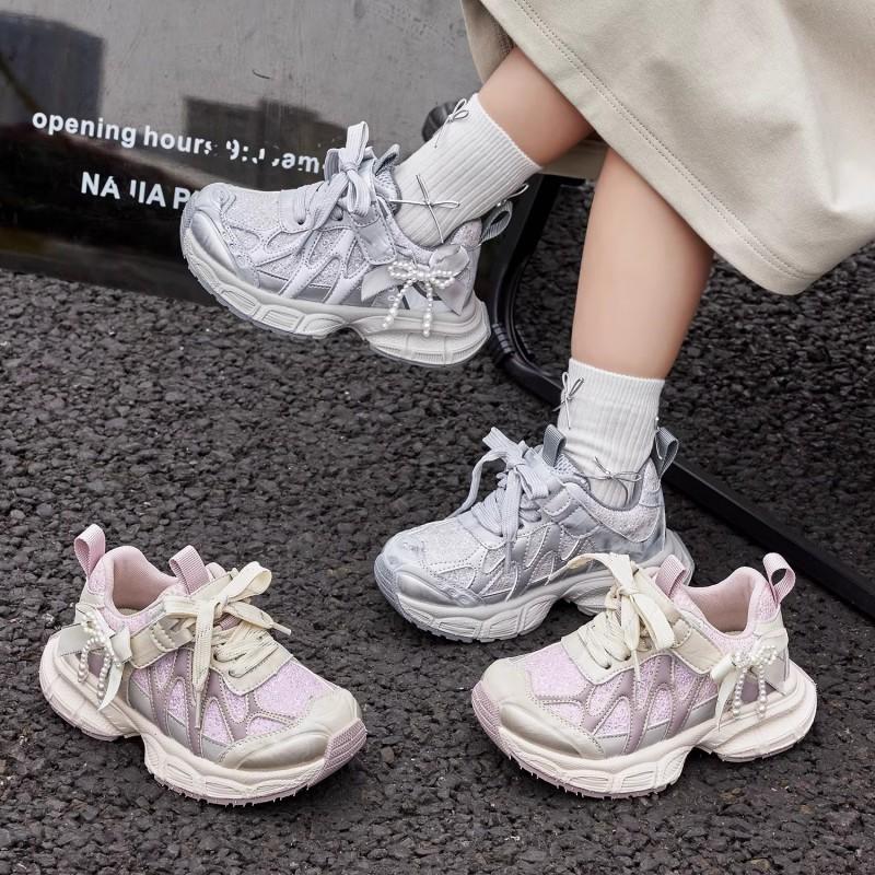 Youth style shoes Girls Chunky Sneakers Breathable Mesh Upper Rubber Sole Velcro Fall Casual Sport Shoes