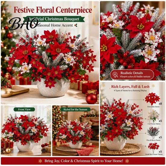 Lifelike Fake Flowers for Festival Decor 23Pcs Artificial Poinsettia Flowers, Flower Arrangement Home Office Wedding Decorative Faux Plants